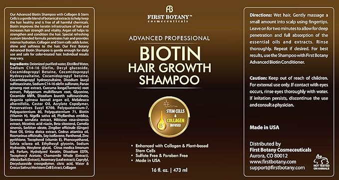 First Botany, Biotin Hair Growth Shampoo Conditioner Anti Hair Loss Thickening formula Collagen & Stem Cell For Hair Regrowth Anti Thinning Sulfate Free For Men Women Anti Dandruff Treatment 16 oz x2