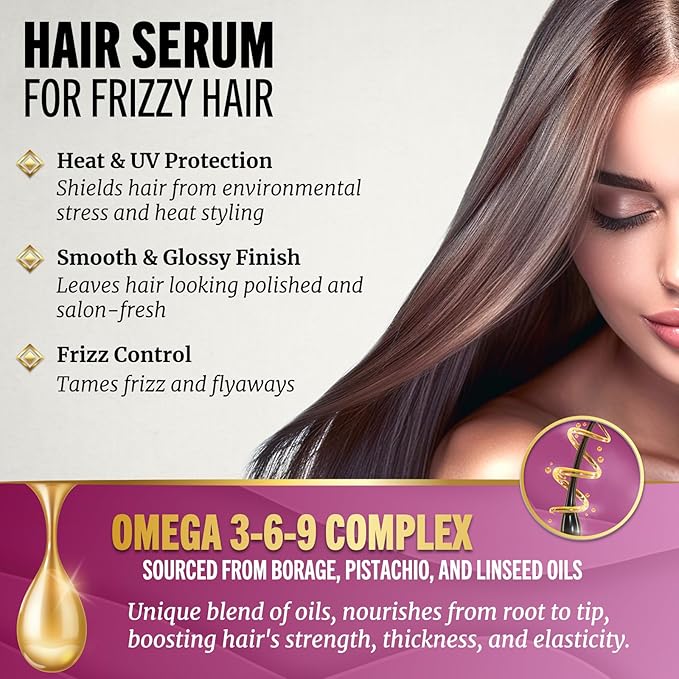 Jenoris Pistachio Oil Hair Serum for Frizzy and Damaged Hair, Lightweight Hair Oil for Dry Hair with Omega 3-6-9 Complex, Anti-Frizz Hair Serum for Shine, Hydration & Split-End Treatment, 3.38 fl.oz
