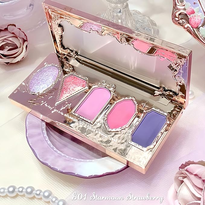 Flower Knows Violet Strawberry Rococo Eyeshadow Palette,Purple Pink Makeup Palette with 3 Matte + 2 Shimmer Shades,Blendable Smooth Cute Eye Makeup,0.21 Oz(Starmoon Strawberry)