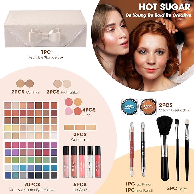 Hot Sugar Beginner Makeup Kit - 92 Piece Makeup Set for Teens & Women, Complete Full Face Cosmetics Collection, Ideal Makeup Gift Set (White)