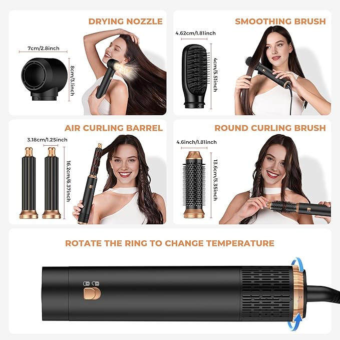 5 in 1 Hair Dryer Brush Set,Professional Negative Ionic Hot Air Styler, Air Curling Wrap Styler,Detachable Blow Dryer Brush With Auto Wrap Curlers,Hair Styling Tools For Straight/Curl/Drying/Smoothing