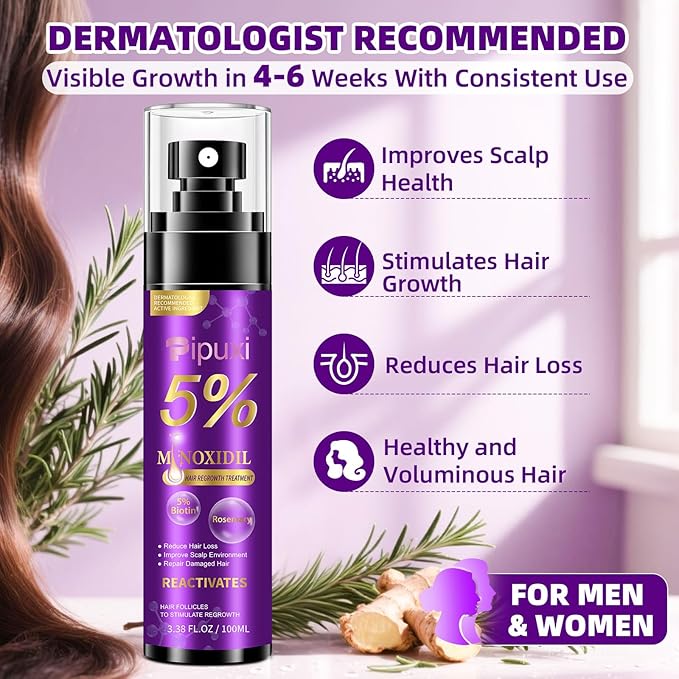 5% Minoxidil for Men and Women Hair Growth Products, Biotin Serum with Rosemary for Hair Regrowth Treatment, Minoxidil Spray Extra Strength Hair Loss Solution, Clinically Proven to Regrow Thicker