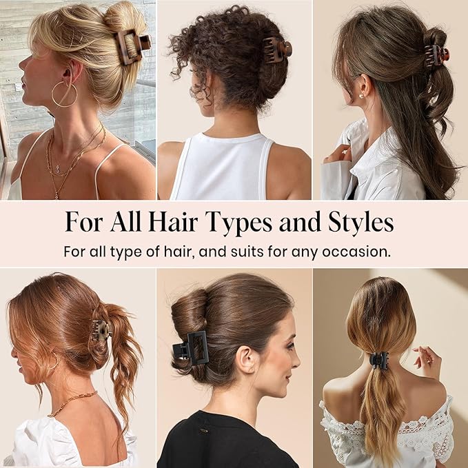 8 PCS Medium Hair Clips for Women Girls - 2 Styles Rectangle and Double Row Teeth Small Claw Clips for Thin Thick Hair, Strong Hold Jaw Clips Stylish Leopard Print Hair Accessories, Tortoise