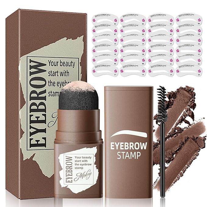 Eyebrow Stamp Stencil Kit - Long-Lasting Eyebrow Powder with Brush, Waterproof & Smudge-Proof Brow Shaping Kit with 24 Reusable Thin & Thick Eyebrow Stencils for Voluminous Brow (Dark Brown)