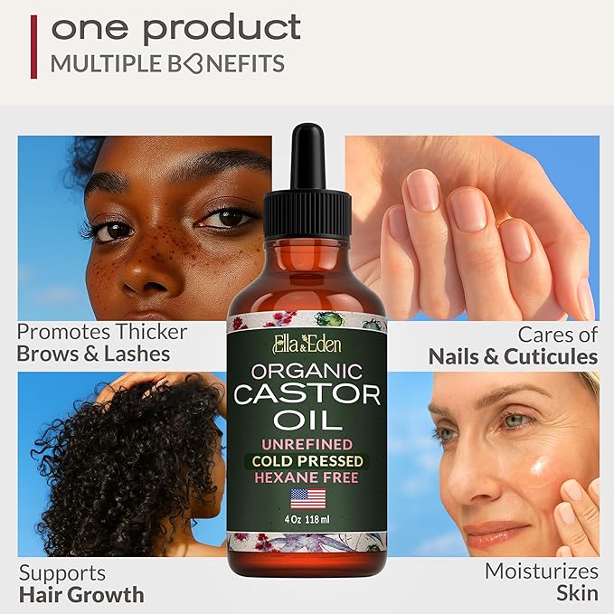 Ella & Eden Organic Castor Oil for Eyelashes - 4 Fl Oz Glass Bottle Lash Serum - for Eyebrows, for Hair Growth - Cold-Pressed Hexane-Free USDA Certified 100% Pure Unrefined