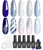 Beetles Christmas Gel Nail Polish Set 5 Winter Colors Dark Blue Glitter White Light Blue Silver Gel Polish with Sealing Gel Sugar Dust Powder Nail Sticker UV LED Needed Gifts for Women Sparkling Snow