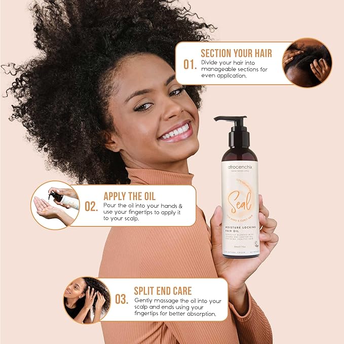Afrocenchix Seal - Jojoba Oil for Afro and Curly Hair - Moisture Locking Pure and Natural Joba and Castor Oils for Shine, Growth, and Thicker Healthier Hair - Organic Vegan Formula - 200ml (7oz)