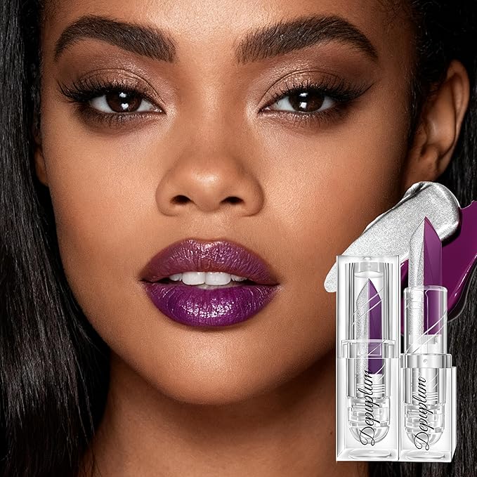 2 in 1 Matte Purple Lipstick Glitter Silver Lipstick Dual Sided Waterproof Lipsticks for Women One Stroke Two-Tone Long Lasting Lip Stick for Christmas Halloween, DU-M8