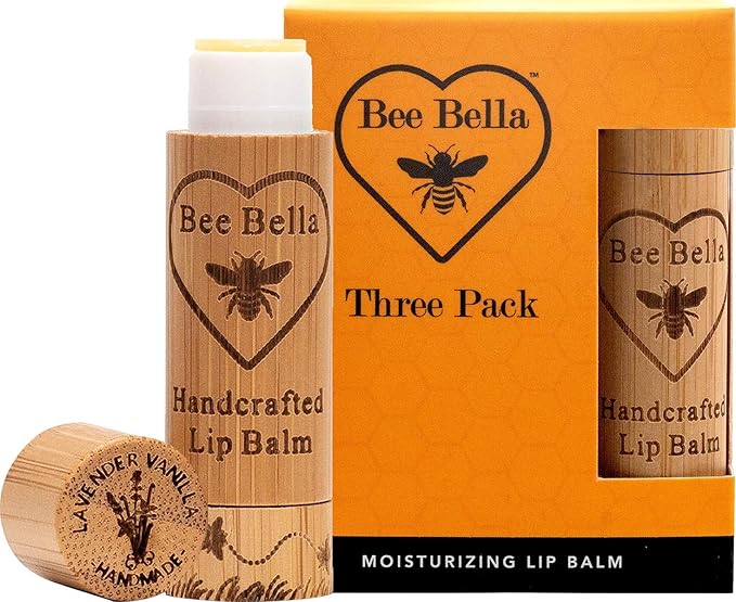 Bee Bella Lip Balm, Lavender Vanilla, 3 Pack - Moisturizing Lip Care, 100% Natural, Original Organic Beeswax with Vitamin E, Handmade in USA, Gift