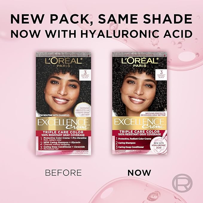 L'Oreal Paris Excellence Crème Permanent Hair Dye, Triple Care Hair Color with Pro-Keratine Complex for 100% Gray Hair Coverage, 3 Natural Black, 1 Kit (Pack of 2)