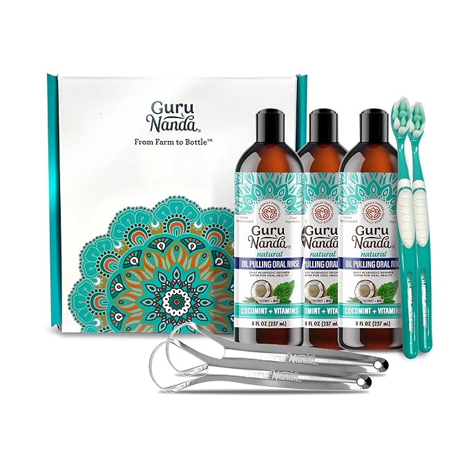 GuruNanda CocoMint Oil Pulling Mouthwash for Complete Oral Hygiene, 7 Essential Oils & Vitamins for Happy Teeth & Gums & Fresh Breath, with 2 Toothbrushes & 2 Tongue Scrapers, Alcohol-Free, 3X8 oz
