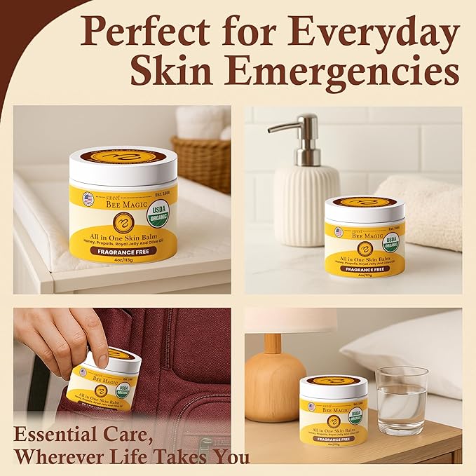 Sweet Bee Magic All In One Healing Organic Balm - Natural Skin Healing Cream, Beeswax Balm for Dry Skin, Face & Body Moisturizer - Certified Organic, All Natural Aid - (4oz Each, 24oz Total)