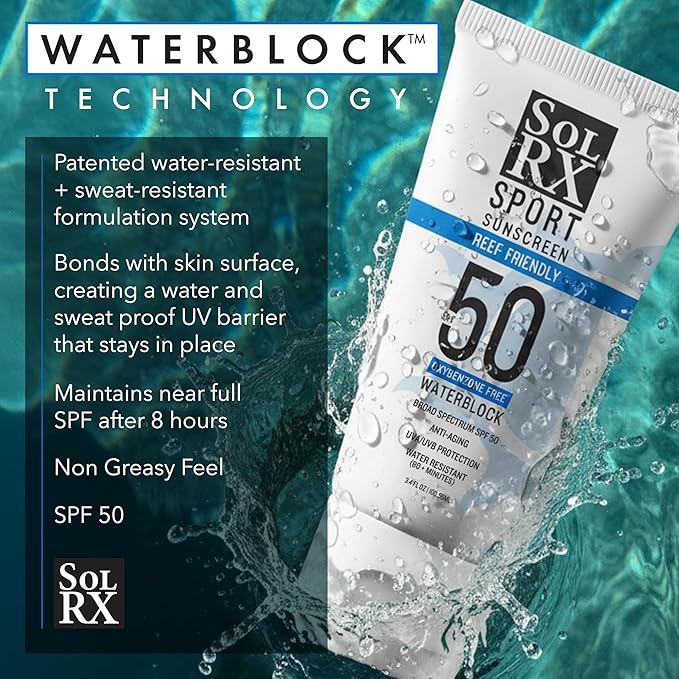 SolRX SPORT SPF 50 Sunscreen, Oxybenzone Free, Broad Spectrum UVA/UVB, Fragrance Free, Reef Friendly