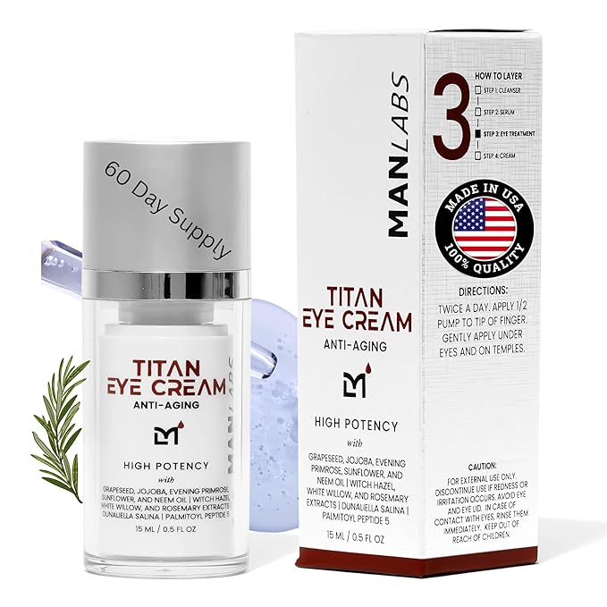 Titan Anti-Aging Mens Eye Cream – Mens Dark Circles Under Eyes Treatment – Eye Bags Treatment for Men – Puffy Eyes Treatments for Men – Peptides, HA, Herbal Extracts –All Skin Types–Unscented