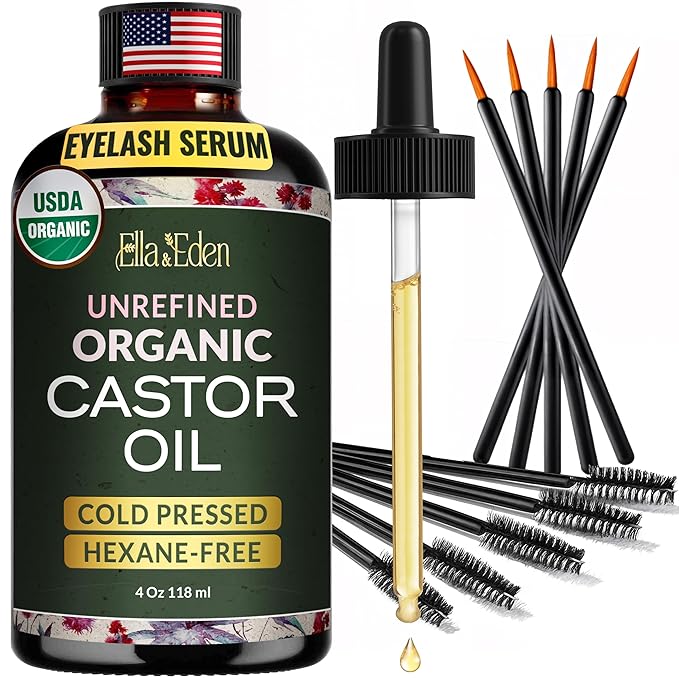 Ella & Eden Organic Castor Oil for Eyelashes - 4 Fl Oz Glass Bottle Lash Serum - for Eyebrows, for Hair Growth - Cold-Pressed Hexane-Free USDA Certified 100% Pure Unrefined