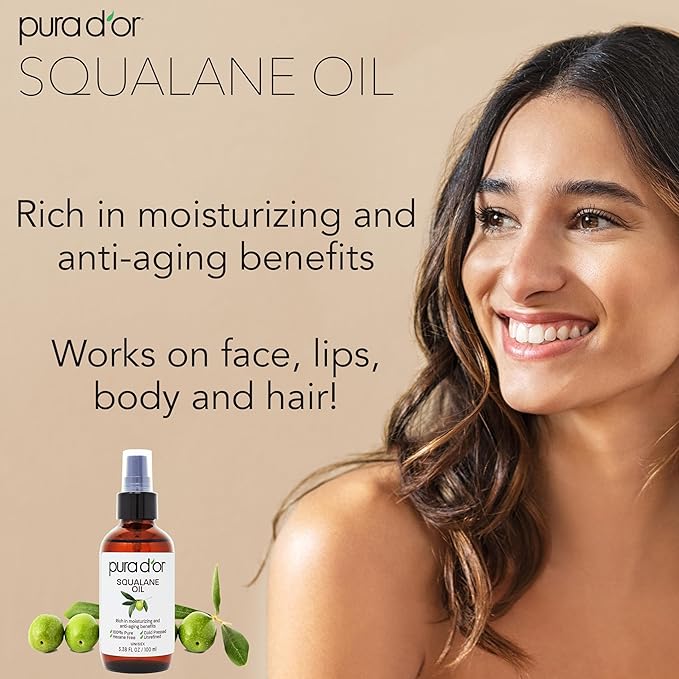 PURA D'OR 3.38 Oz Squalane Oil - Non-GMO 100% Pure & Natural - Moisturizer For Face, Hair And Body - Vegan, Cruelty-Free with Anti-Aging Benefits - Men & Women - Travel Size
