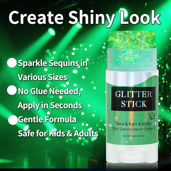 MEICOLY Light Green Body Glitter Stick,Green Accessories for Spirit Week,Alien Face Glitter,Hair Glitter for Women,Irish St Patricks Day Accessories,Festival Mermaid Chunky Makeup for Mardi Gras