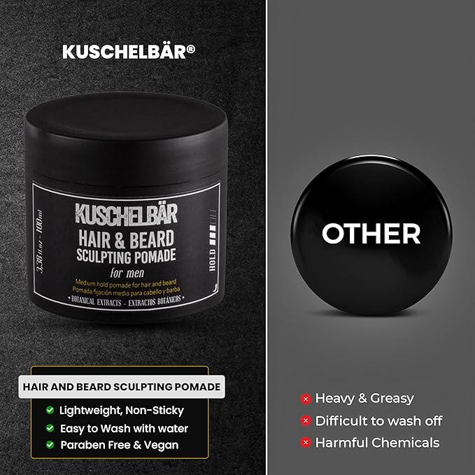 KUSCHELBAR - Pomade For Men | Pomade For Men Strong Hold | Natural Botanical Extracts | Shape and Control Your Beard or Mustache | Leave-In, Non-Greasy, Lightweight l 1,01 fl.oz