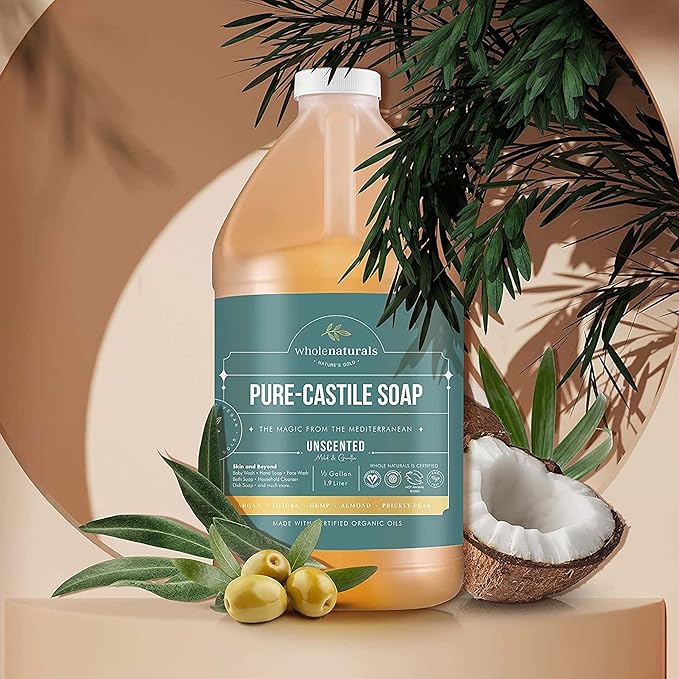 WHOLENATURALS Pure Castile Soap Liquid, EWG Verified & Certified Palm Oil Free Unscented, Natural, Mild & Gentle Non-gmo & Vegan - Organic Body Wash, Laundry, Pet/Dog and Baby Soap - 64 Fl Oz