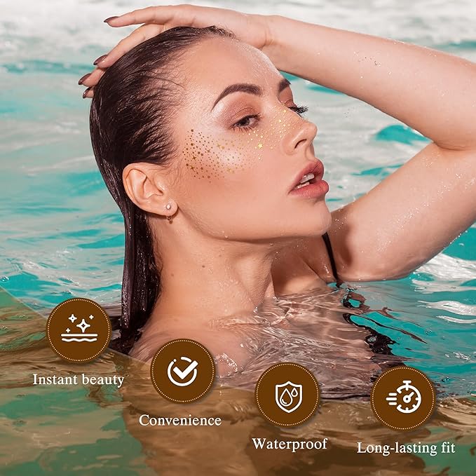 Glitter Freckles Face Tattoo, 30PCS Gold Body Glitter Temporary Tattoos Sparkle Patches for Women, Waterproof Fake Freckles,Festival Rave Outfits Festival Decorations (Gold)