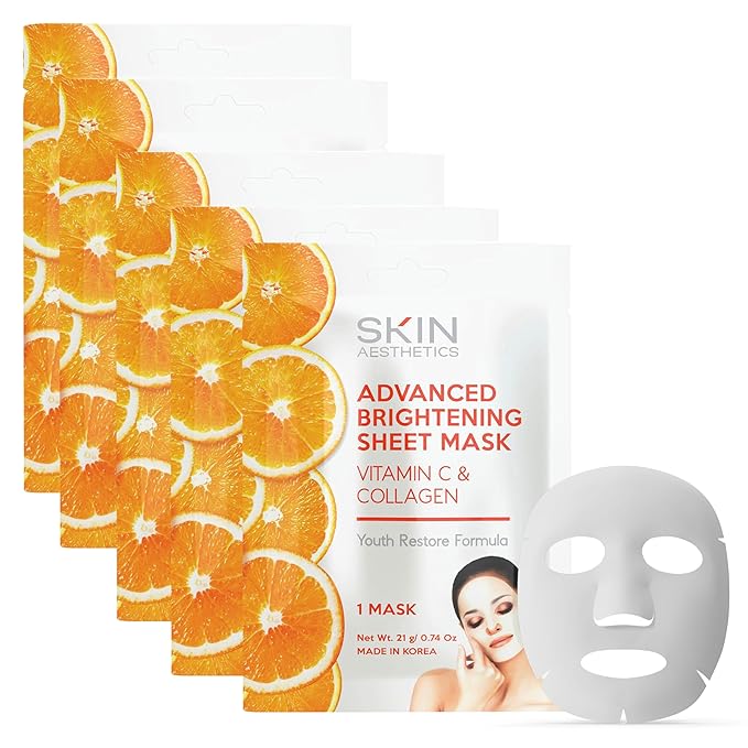 Vitamin C & Collagen Sheet Face Mask - Reduces Wrinkles & Age Spots, Hydrating - Dermatologist Tested Korean Skincare - Clean Beauty, Cruelty-Free - 5 Masks