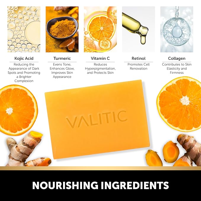VALITIC 4 Pack Kojic Acid Vitamin C & Retinol Soap Bars for Dark Spot Bundle with 2 Turquoise Exfoliating Gloves for Body Scrubs