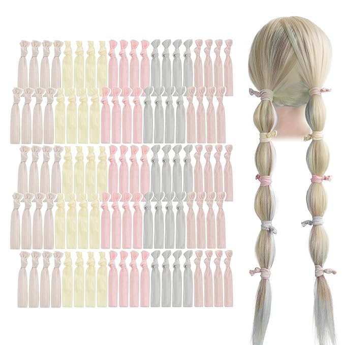 MEEDEE Ombre Pink Hair Ties for Women - 100 Pack Soft No-Crease No-Damage Ribbon Knotted Ponytail Ties, Ouchless for Yoga & Elastic Bracelets