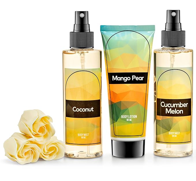 Fine Fragrance Body Mist & Body Splash Gift Set – Luxury Self-Care Combo for Women and Girls (Coconut, Cucumber, Mango Pear, Rose Soap)