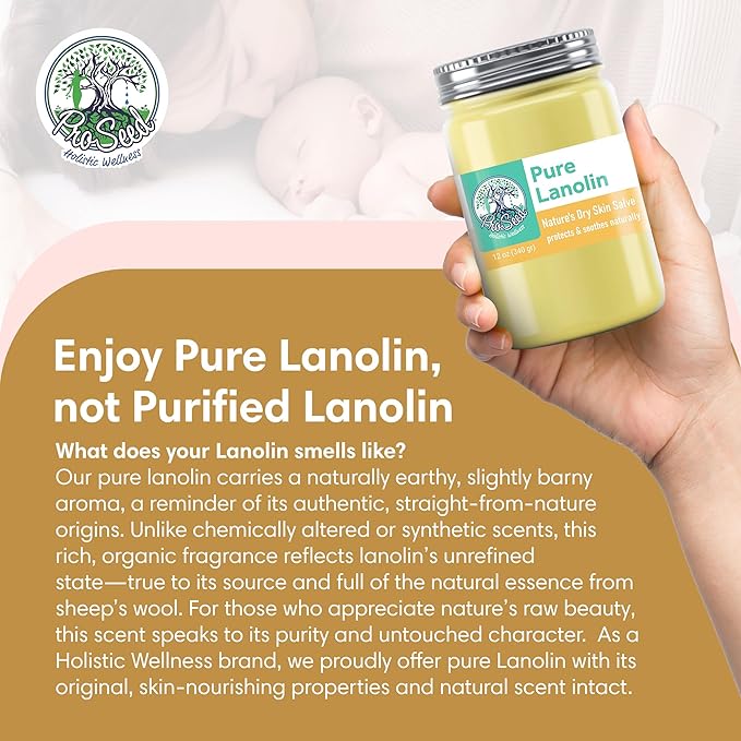 ProSeed Handmade Pure Lanolin Cream – Unrefined Balm for Dry Skin, Lips, Nursing & Baby Care – Gentle Moisturizer for Hands, Face & Pets – Petroleum-Free, 12oz Glass Jar