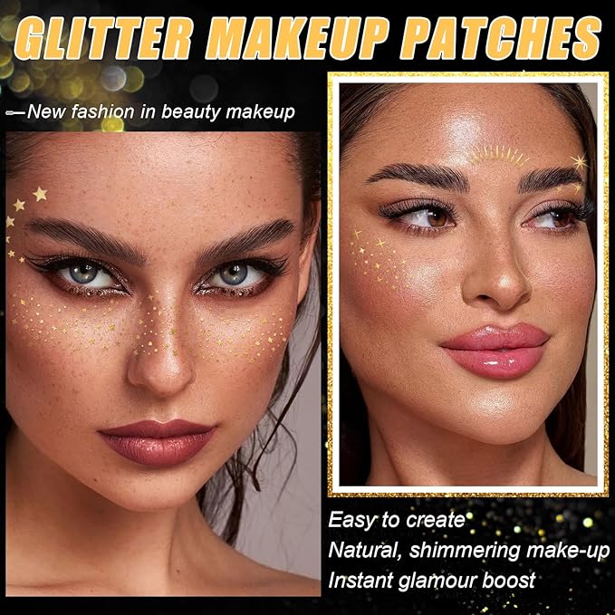 20 Pcs Gold Face Makeup Patches, Glitter Freckles Face Tattoo for Teenagers & Young Women, Sparkle Freckles Makeup Patches, Waterproof Face Glitter Freckles for for Christmas(Gold)