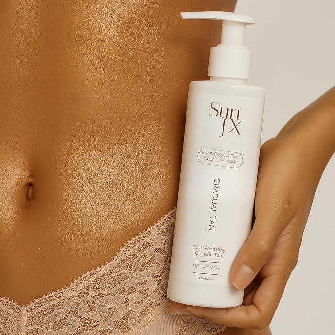 SunFX Gradual Tan Body Lotion Self Tanner | Hydrating Tan Extender Moisturizer No Odor | Build your Glow from Sunkissed to Dark | Enriched with Aloe & Vit A & E (100ml/3.38 Fl oz)
