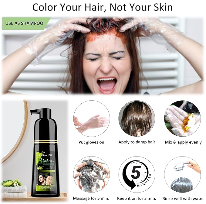 SkinSmart 360® No-Stain Hair Dye Shampoo – Full Gray Coverage for Men & Women, 3-in-1 Color + Cleanse + Condition, Natural Ingredients, Easy No-Mix Formula, 200 mL (Natural Black)