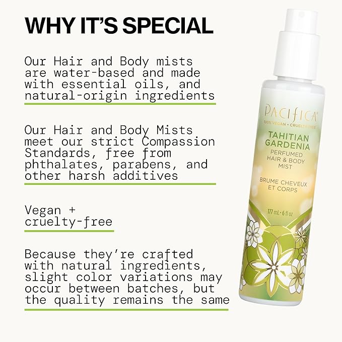 Pacifica Tahitian Gardenia Perfumed Hair & Body Mist, Alcohol-Free Spray Designed For Head-To-Toe Wear, Vegan & Cruelty-Free, 6 Fl Oz