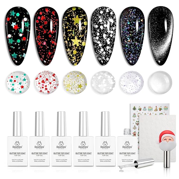 Beetles Christmas Limited Gel Top Coat Set, 6Pcs 10ml Winter Sparkle Glitter Cat Eye Top Coat Gel Nail Polish No Wipe Long Lasting Soak Off U V LED New Year Manicure Salon DIY Gifts for Women