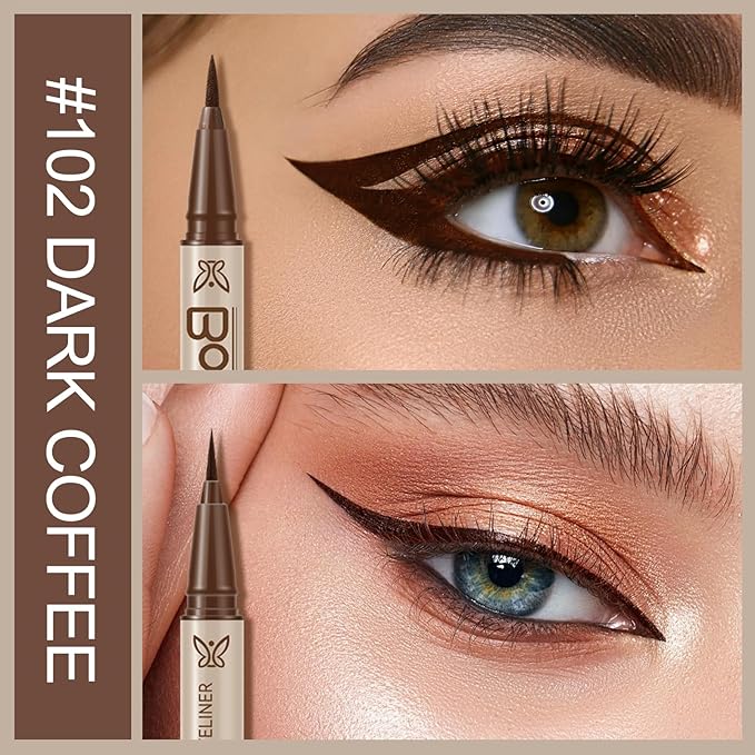 Boobeen 2pcs Liquid Eyeliner，Dual-Ended Eye Liner with Thick Tip and Precise Brush Tip，Waterproof Black Liquid Liner Pen，Matte Finish，All Day Wear，Smudge-proof,Brown