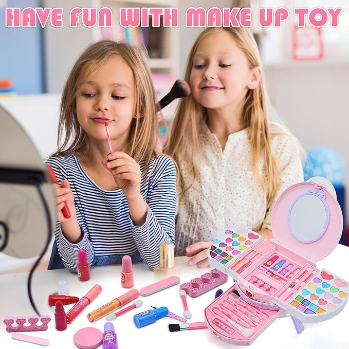Kids Makeup Sets for Girls - Washable and Safe Makeup for Kids with Dresser Vanity Case, Girls Makeup Sets Ages 3-12, Christmas Birthday Gifts Toys for 4 5 6 7 8 9 Year Old Girl(Pink Purple)
