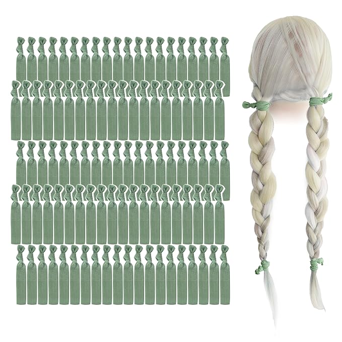 MEEDEE 100 Pack Sage Green Hair Ties For Women No Crease Soft Elastic Ribbon No Damage Sage Green Hair Ties Knotted Ouchless Hair Ribbon Yoga Hair Ribbons Elastic Bracelets