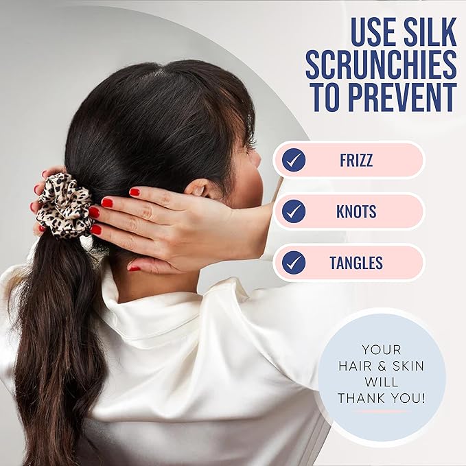 Blissy Silk Scrunchies (3 Pack) - 100% Pure Mulberry Silk - 22 Momme 6A High-Grade Fibers Scrunchie for Straight & Curly Hair (Leopard, Skinny)