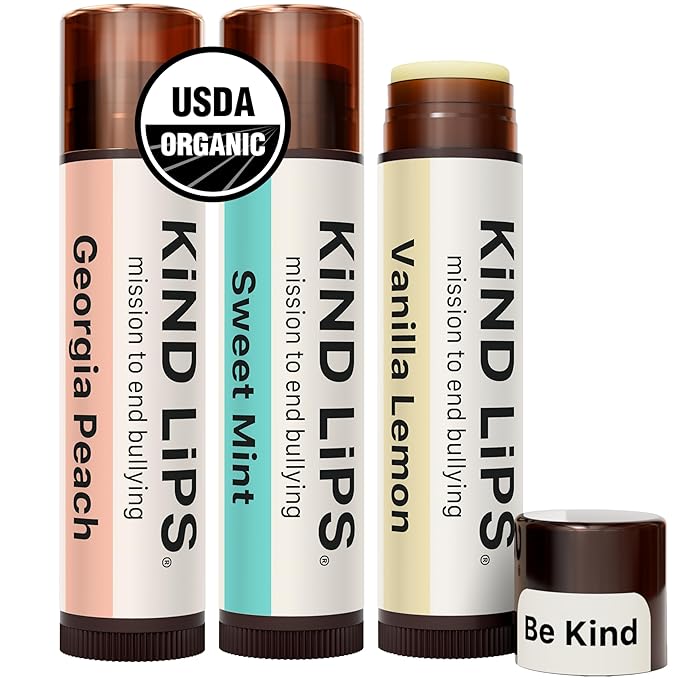 Kind Lips Organic Lip Balm Variety 3-Pack – Sweet Mint, Vanilla Lemon & Georgia Peach • 100% Natural, Clean, Gluten-Free, Grain-Free • Moisturizing Lip Care Made in USA • chapstick Gift Set