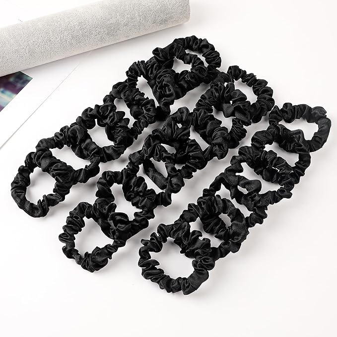 Satin Silk Scrunchies Hiar Ties for Women Girls Ponytail Holders 20 Pcs Mini Black Bulk Scrunchies Elastic Hair Bands for Thick Curly Hair Pony Tails Hair Ties