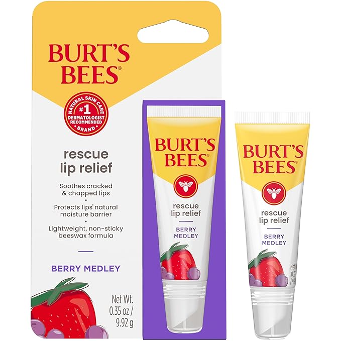 Burt's Bees Stocking Stuffers, Rescue Lip Relief, Berry Medley, Hydrating Lip Balm for Dry Cracked Lips, with Responsbily Sourced Beeswax and Shea Butter, 100% Natural Origin, 1 Squeezy Tube, 0.35oz