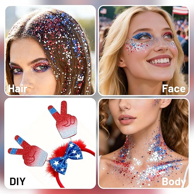 DAGEDA Red White and Blue Body Glitter Stick, Sparkly Face Glitter Makeup, 4th of July Outfits Accessories for Women, Shimmer Face Paint Stick, Fourth of July Independence Day Costumes Accessories