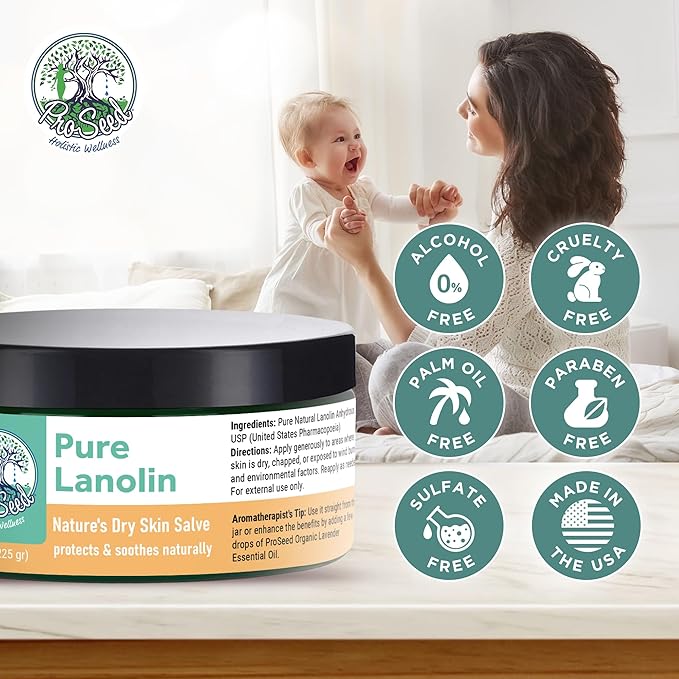 ProSeed Handmade Pure Lanolin Cream – Unrefined Balm for Moms, Baby Care & Nursing – Gentle Moisturizer for Dry Skin, Lips, Hands & Face – Petroleum-Free, 8oz