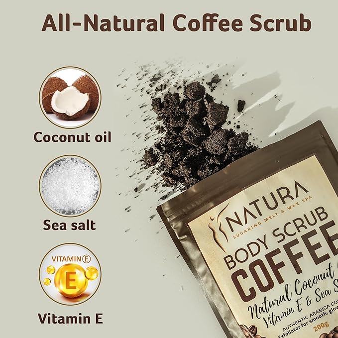 Natura Spa Coffee Body Scrub with Coconut Oil & Vitamin E – Natural Exfoliator for Smooth, Glowing Skin – Reduces Cellulite, Boosts Circulation & Improves Elasticity – Face, Body & Foot, 200g