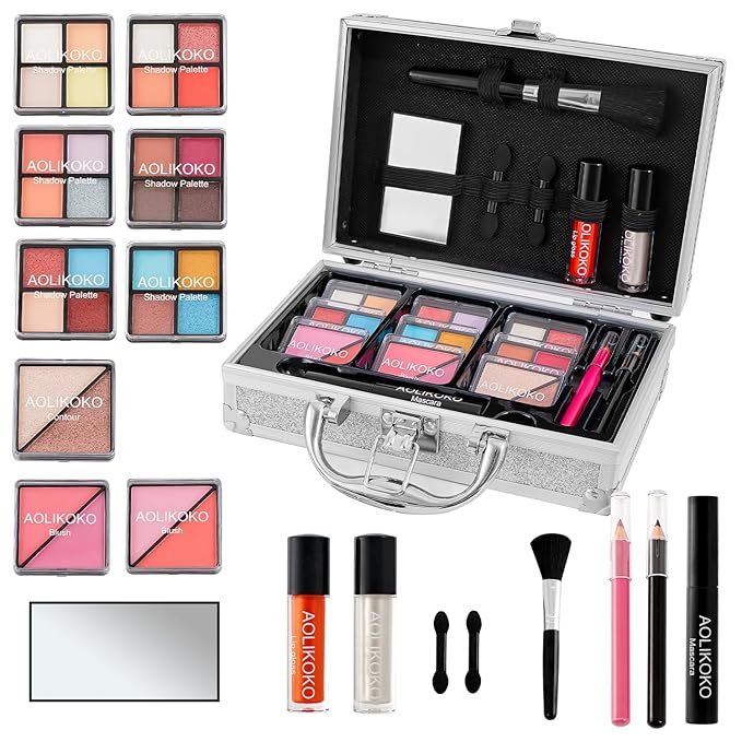 Makeup Kit for Teenager & Women Full Kit, All in One Makeup Set With The Small Cosmetic Train Case, Professional Makeup Kit, Makeup Gift Set for Women Girls (silver)