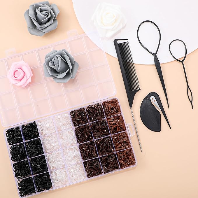 1500 Pcs Hair Bands in 4 Natural Colors - Rubber Hair Ties with Organizer Box and 6 Styling Tools for Women, Girls, Kids