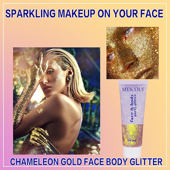 MEICOLY Chameleon Gold Body Glitter,Mardi Gras Outfit for Women,Color Changing Face Glitter,Chunky Glitter Face Paint,Holographic Glitter for Face Body Hair,Festival Party Costume Makeup,50ml