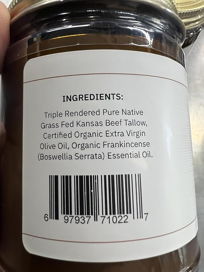 Grass Fed Beef Tallow Balm - 8 oz - Made in USA - Organic Grass Fed and Finished - Moisturizing Skin Care Frankincense