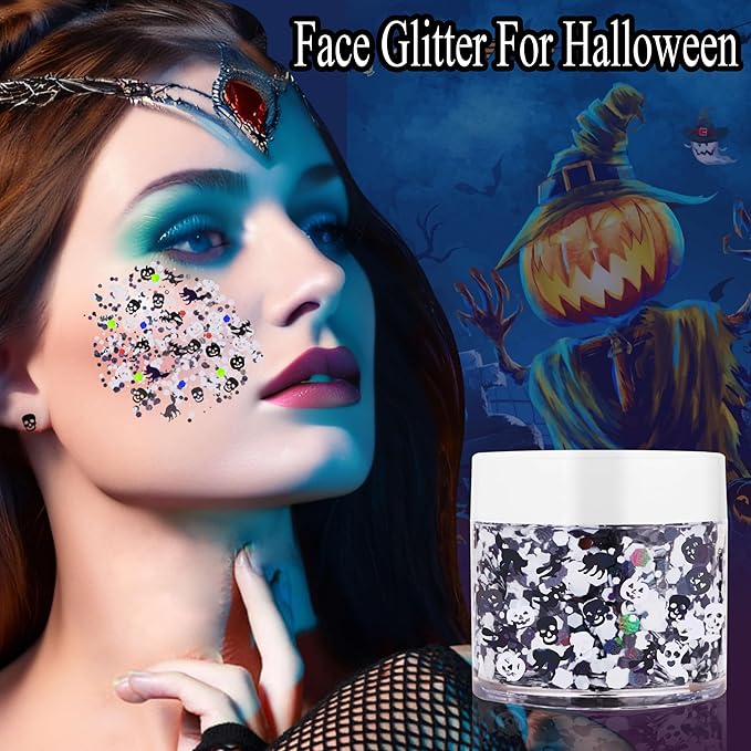 Halloween Body Glitter Gel,Black White Skull Pumpkin Professional Vibrant Music Festival Party Rave Accessories,Sparking Chunky Face Glitter Paint Makeup for Women and Kids