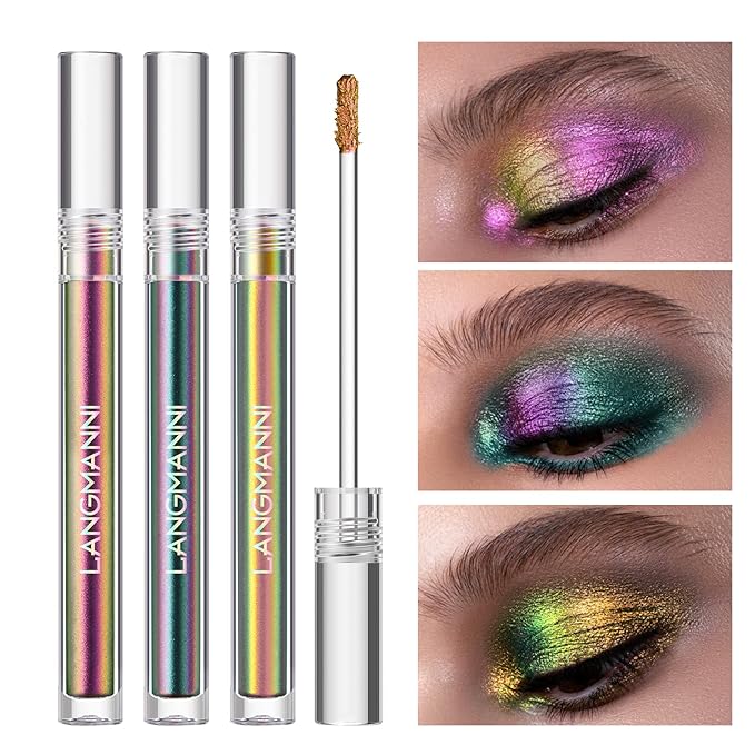 Jolilab Metallic Liquid Chameleon Eyeshadow, Multi-Dimensional Eye Looks, Long-lasting Holographic Glitter Multichrome Eyeshadows Makeup (#Peacock+Wonder+Ember)